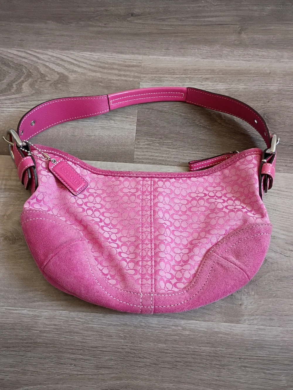 Coach Vintage Women's Y2K 2004 Hot Pink Canvas Suede Shoulder Mini Hobo Handbag - Picture 1 of 8